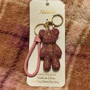 Keychain/Bag Charm Natasha, Pink Rhinestone Teddy Bear with Braided Strap